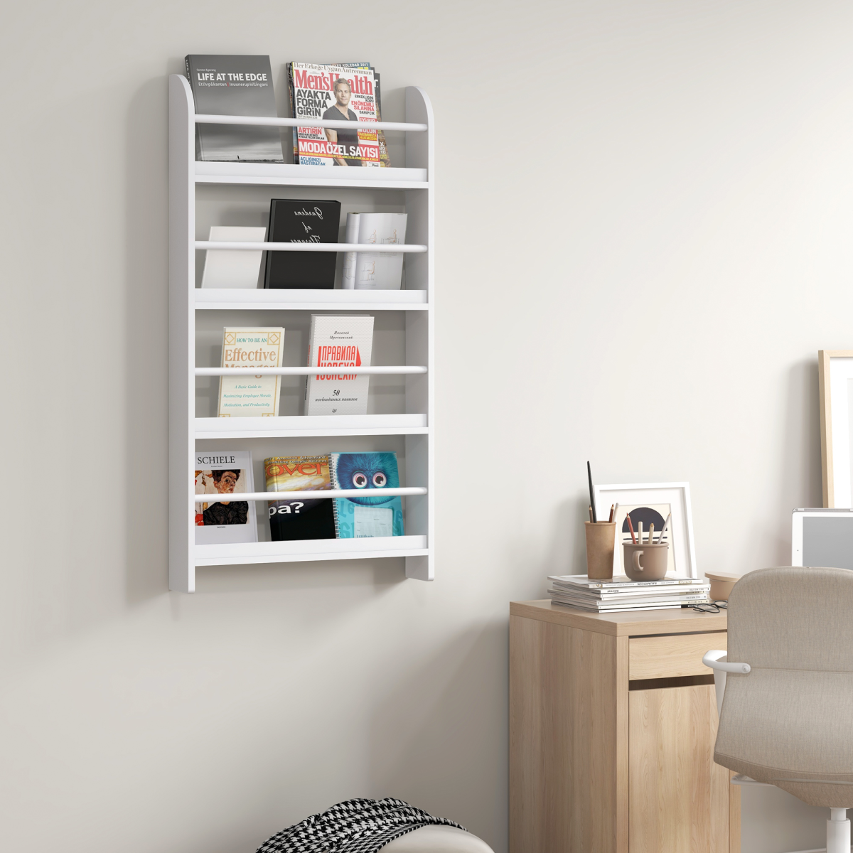 MDF Freestanding Wall-Mounted 4-Tier Magazine Shelf Rack White