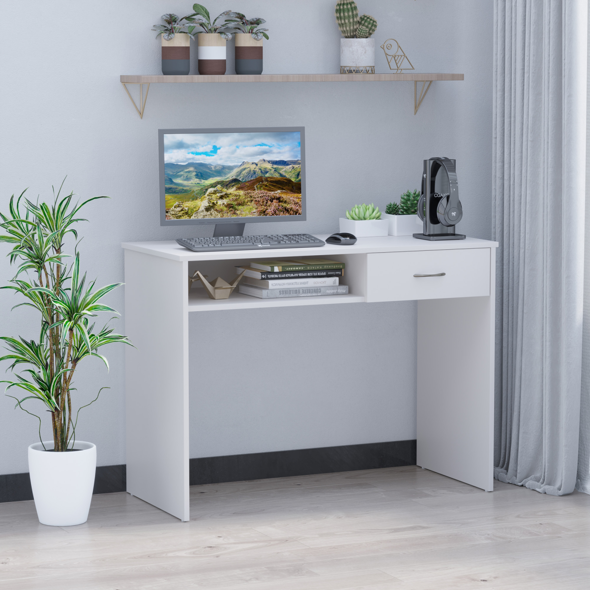 Modern Computer w/ Shelf Drawer Standing Writing Station White