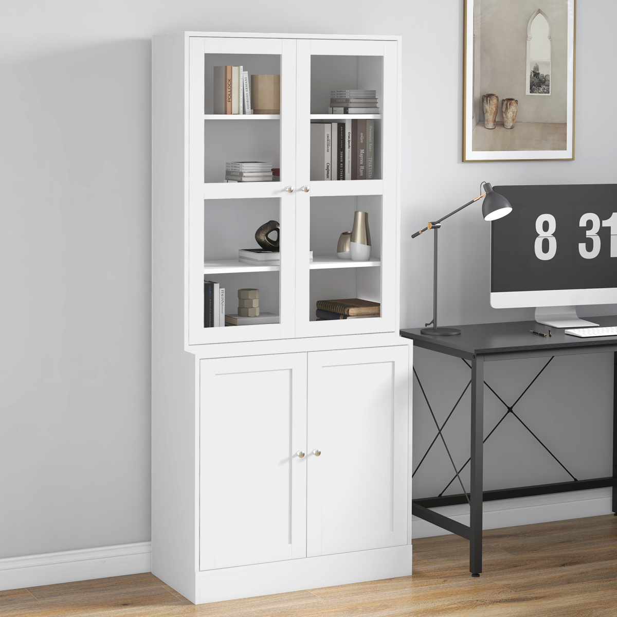 Modern Bookcase Display Storage Cabinet w/ Doors Adjustable Shelves