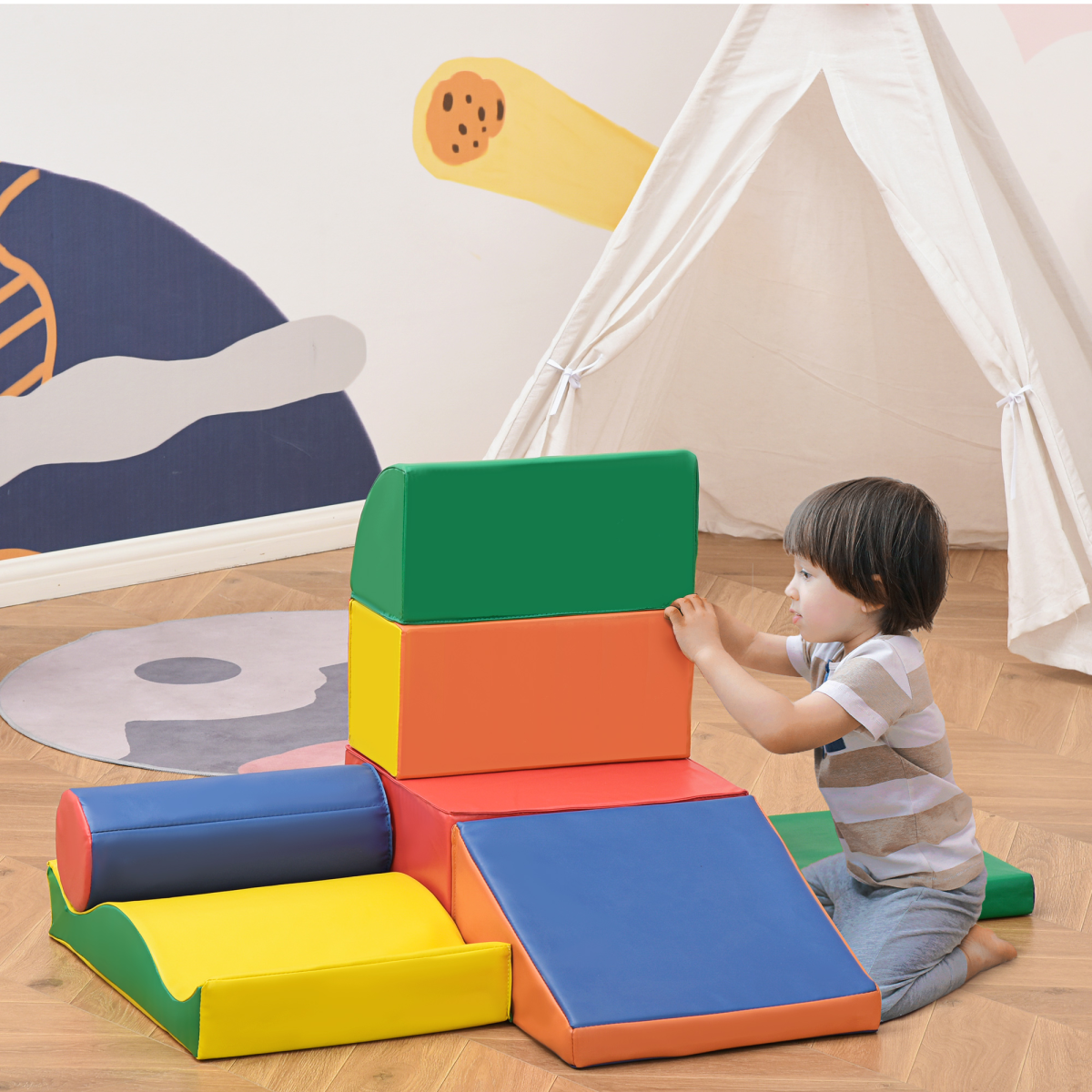 HOMCOM 7 Pcs Kids Soft Foam Puzzle Play Blocks Set Learning Toddler Activity