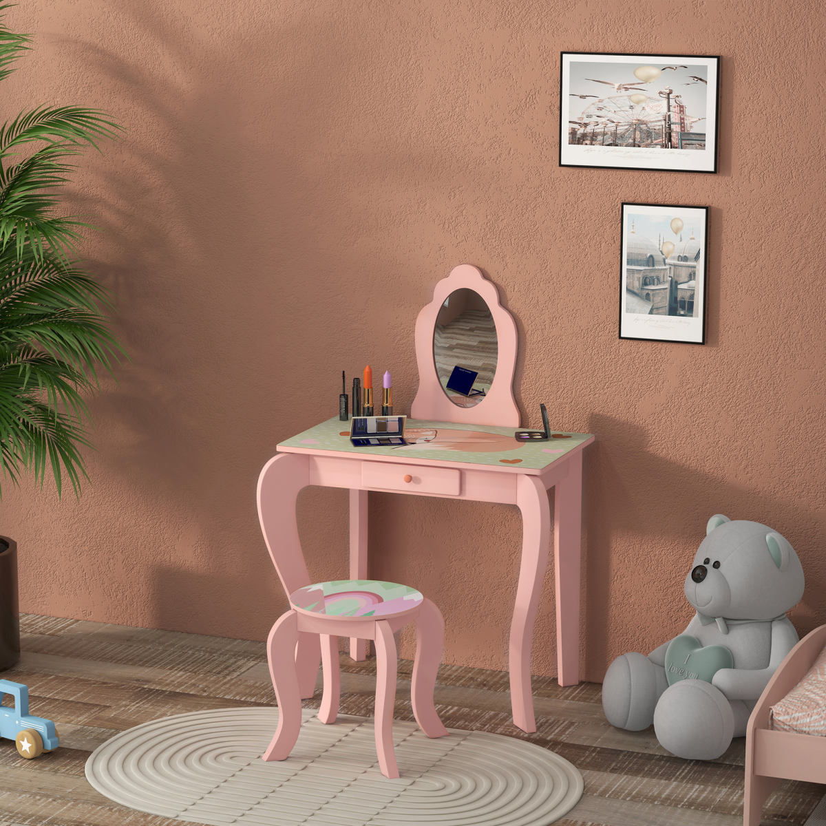 ZONEKIZ Kids Dressing Table with Mirror Stool Drawer, Cute Animal Design, Pink