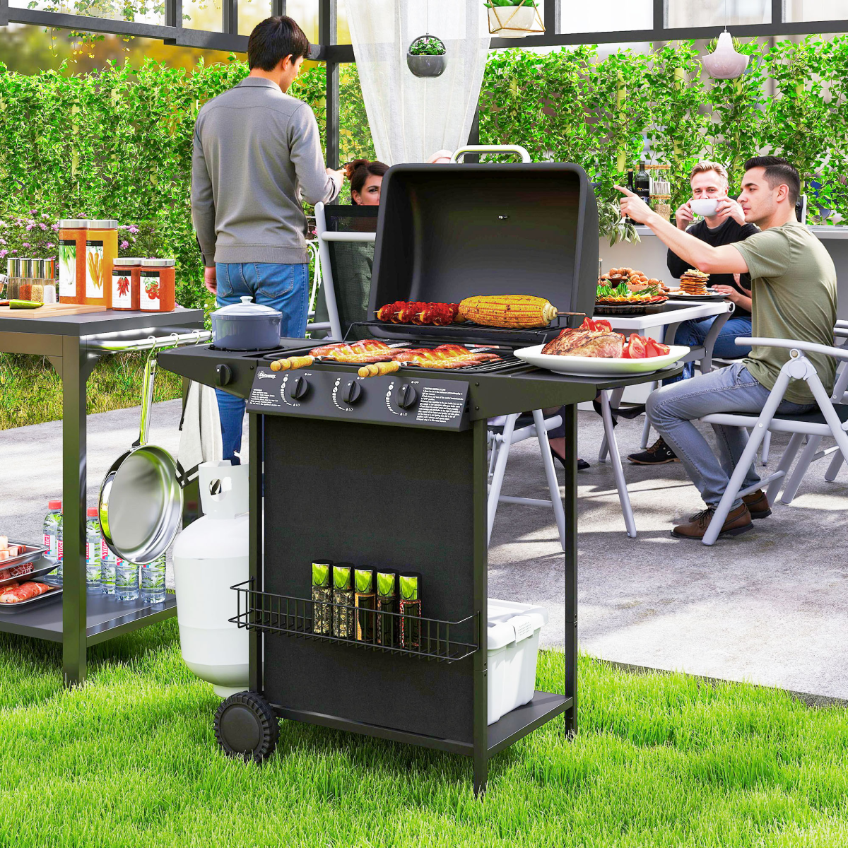 Outsunny 4 Burner Gas Barbecue Grill Portable Gas BBQ Grill with Lid, Black