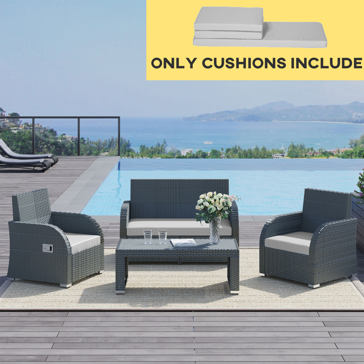 Seat Cushion Pads for Rattan Furniture, 3 PCs Garden Furniture Cushions, Grey