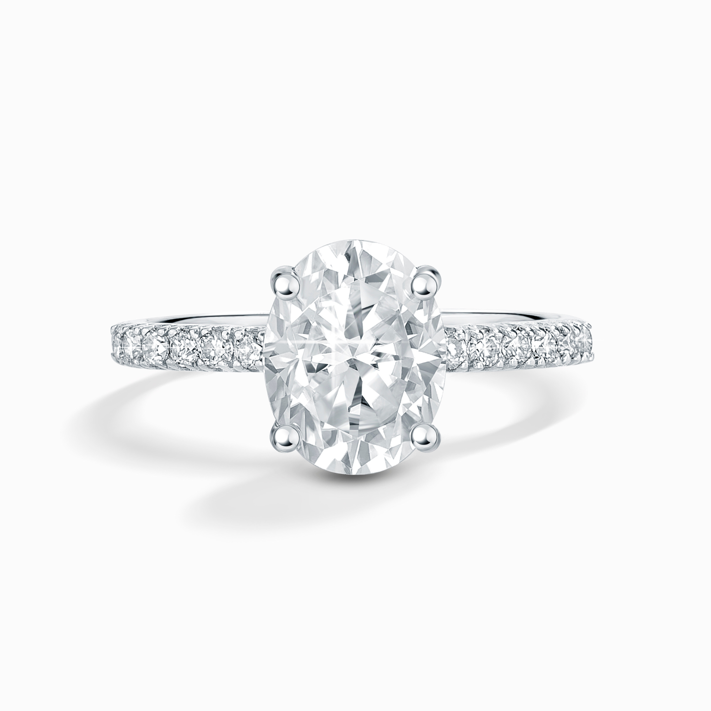 2 ct Oval Solitaire Moissanite Engagement Ring with Pavé Band in Sterling Silver