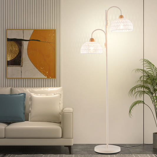2 Light Floor Lamp with Foot Switch and Woven Lampshades-White