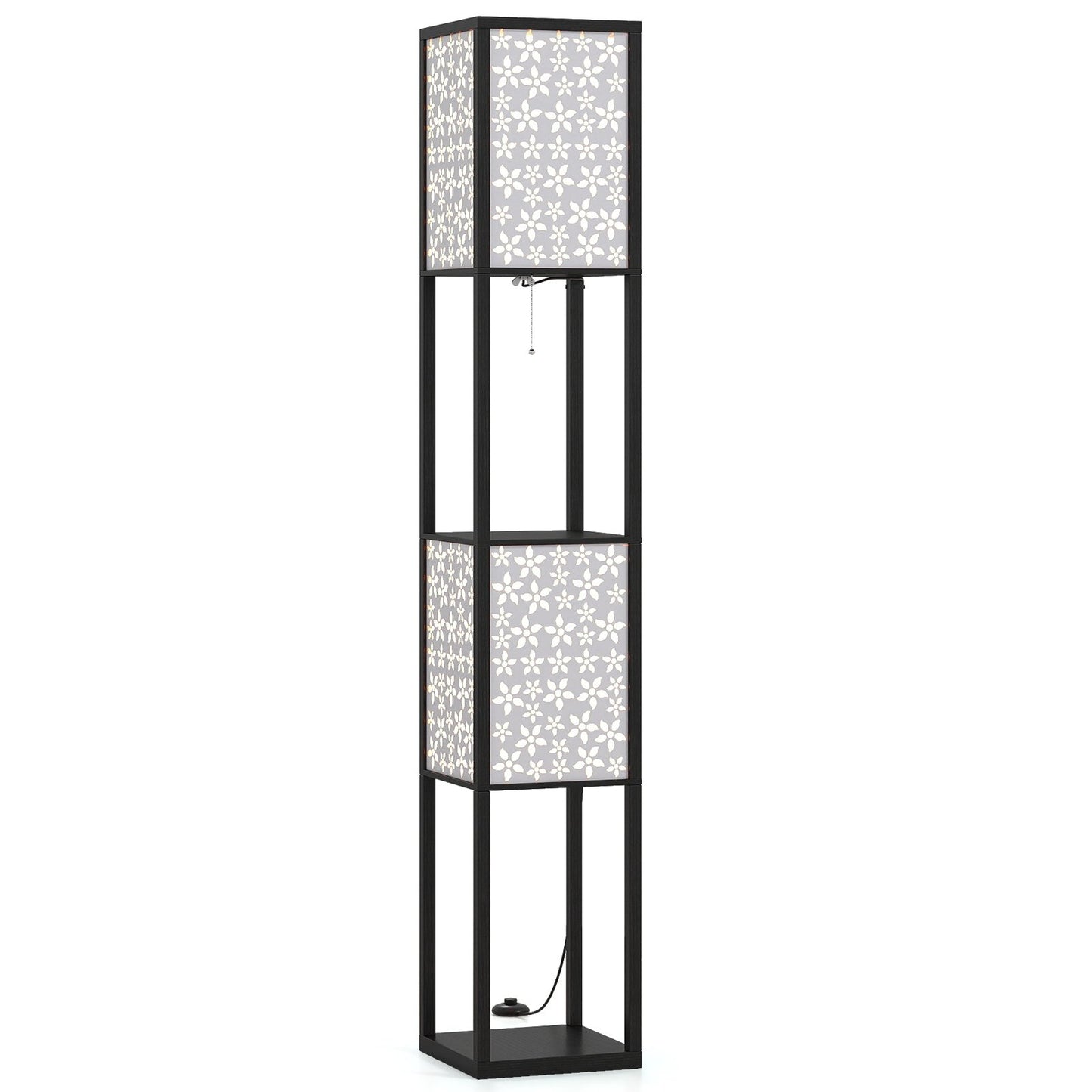 2-Light Floor Lamp with Shelves Wooden Shelf Lamp with 2 Cut-out Patterned Lampshades-Size 1