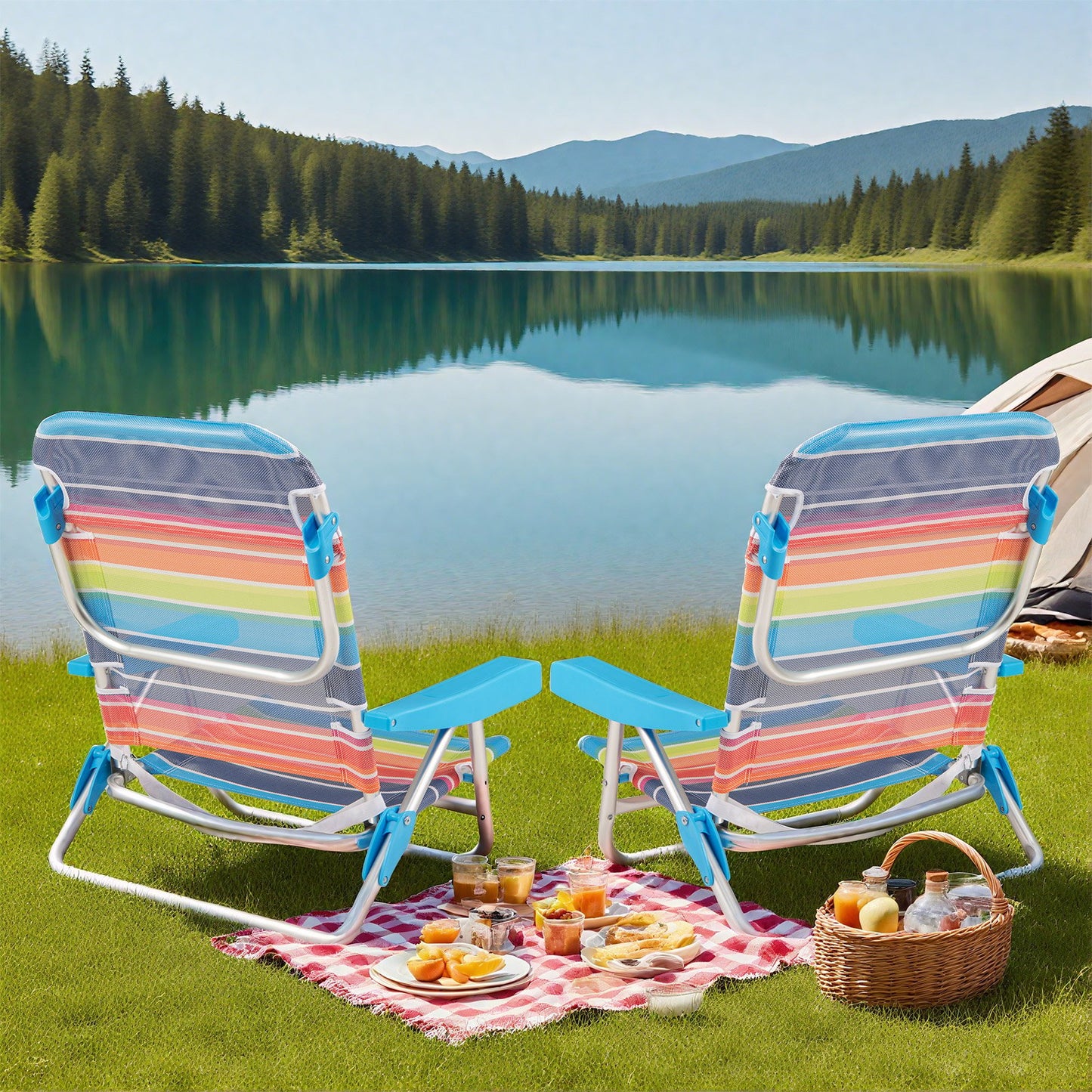 2 Pack Foldable Beach Chair with Armrests and Carry Strap-Colourful-M