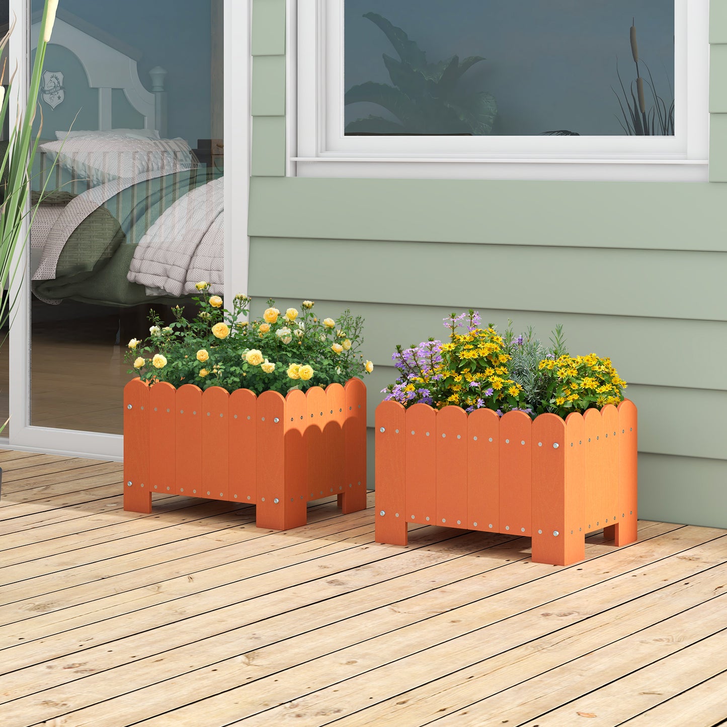 2 Pack Rectangular Planter Box HDPE Flower Pot with Drainage Gaps-Grey