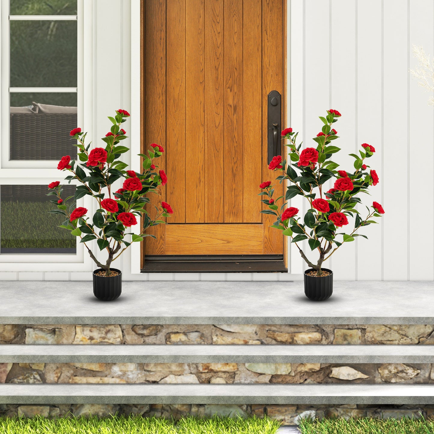 1/2 Pieces 95cm Artificial Camellia Tree with Flowers and Rain-Flower Pebbles-White-1 Piece