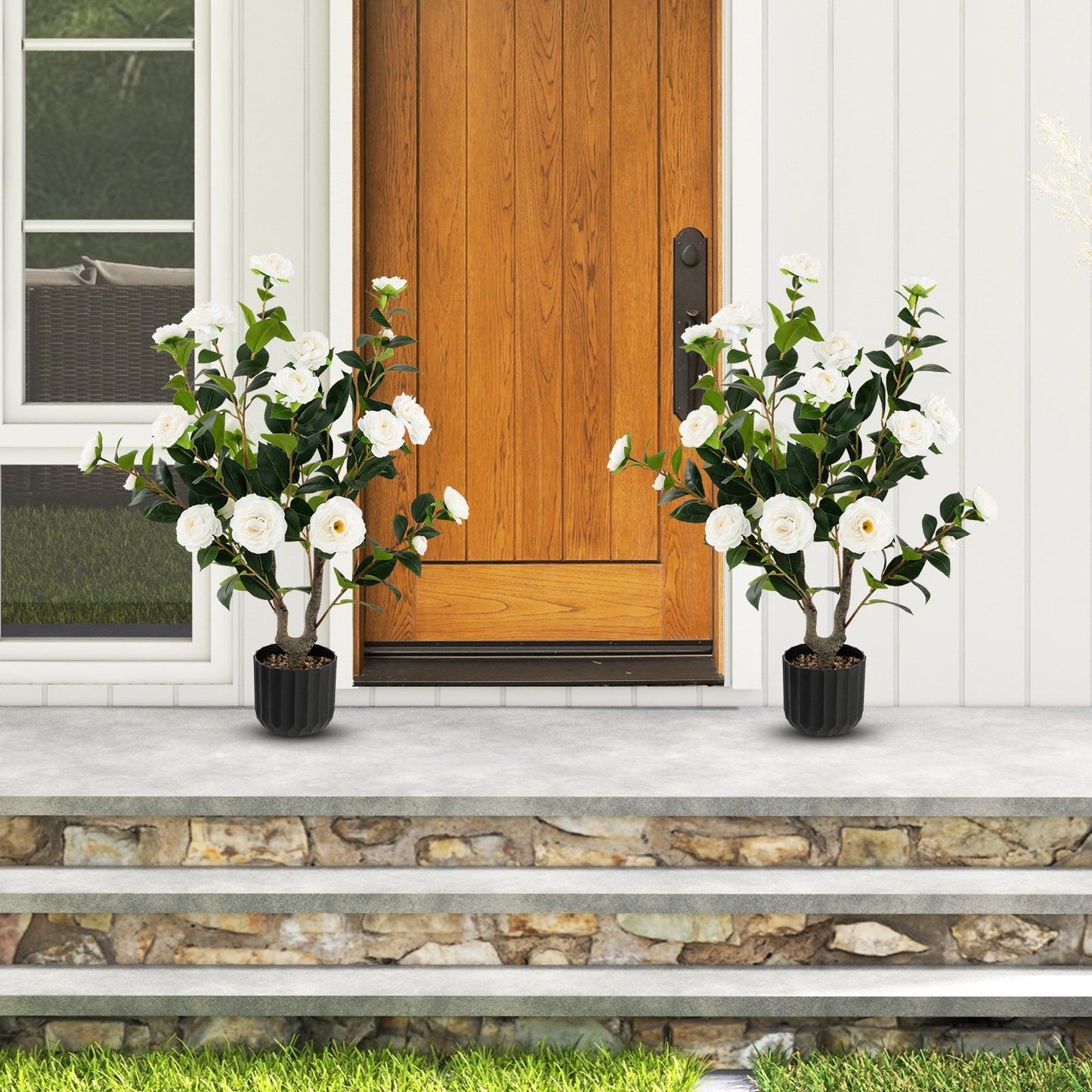 1/2 Pieces 95cm Artificial Camellia Tree with Flowers and Rain-Flower Pebbles-White-1 Piece