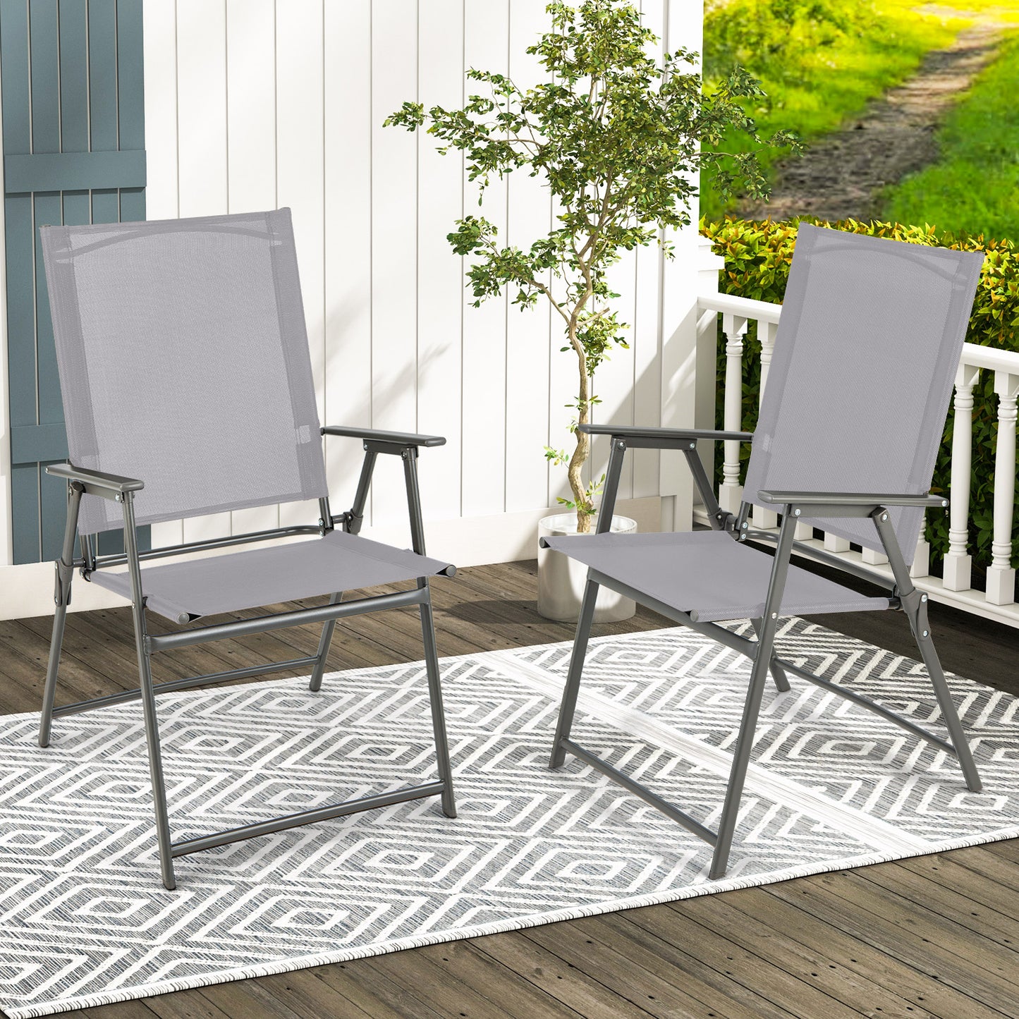 2 Piece Patio Folding Dining Chair Set with Weather-resistant Fabric-Black