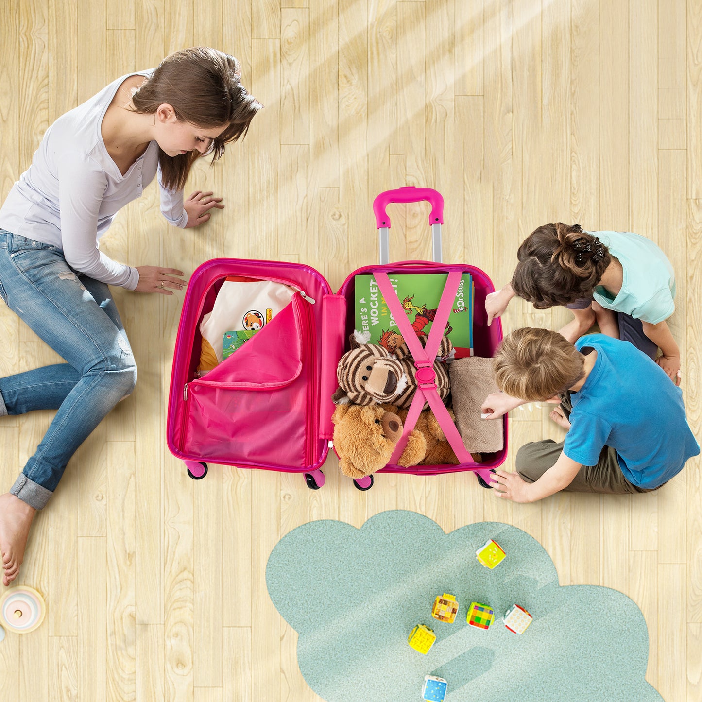 2 Pieces Kids Luggage Set with Wheels and Height Adjustable Handle-Blue