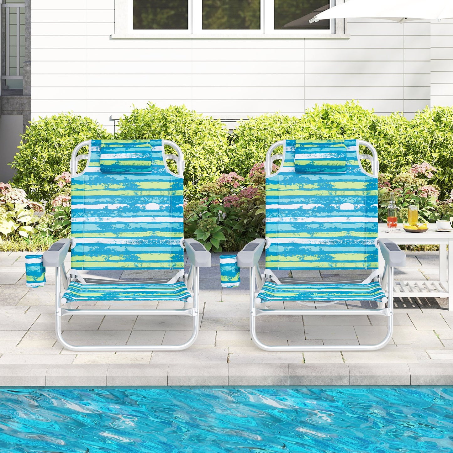 2 Pack Folding Beach Chair Lightweight Lay Flat Lounge Chair-Blue