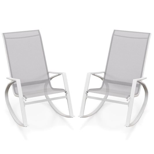 2 Pieces Patio Rocking Chairs with Ergonomic Backrest and Safe Stoppers-Grey