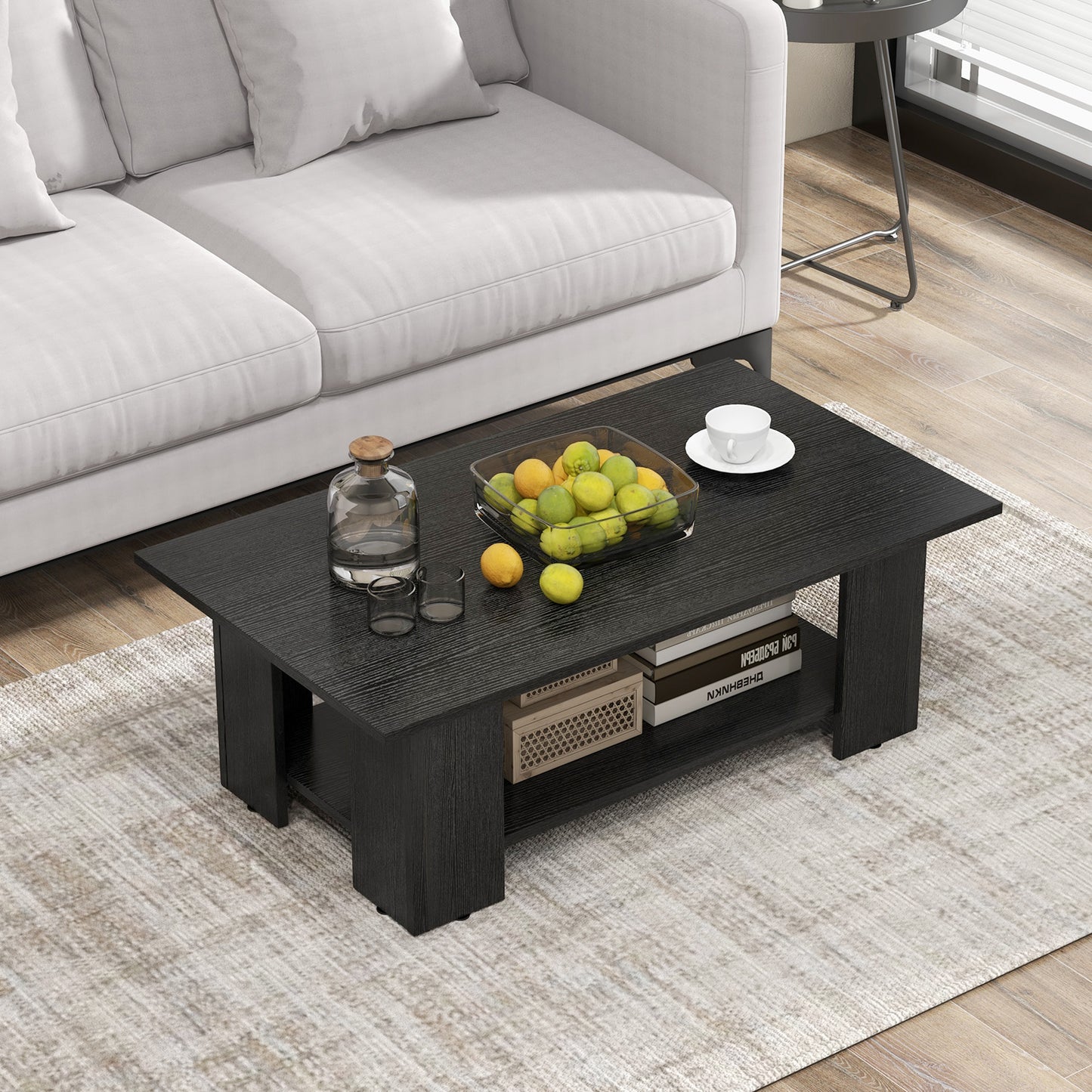 2-Tier Wooden Coffee Table with Storage Shelf and 5 Support Legs-Grey
