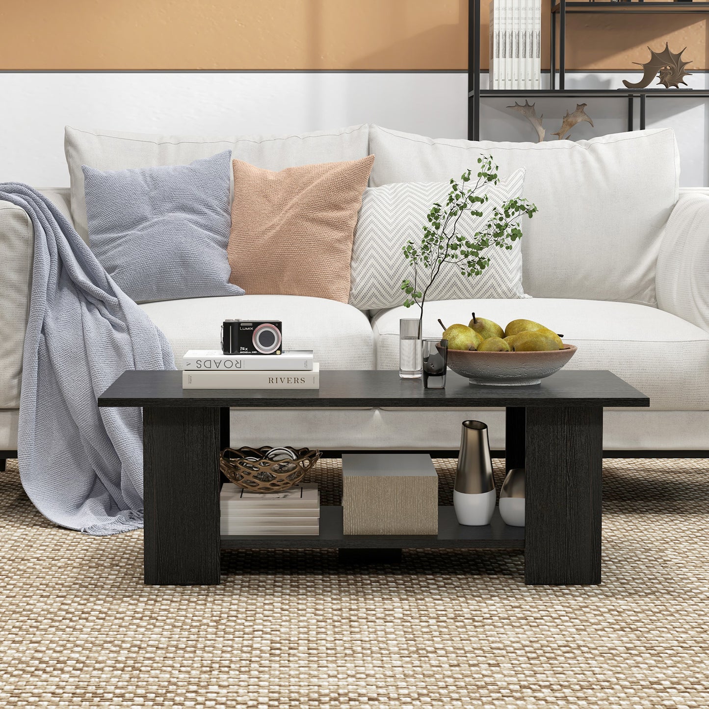 2-Tier Wooden Coffee Table with Storage Shelf and 5 Support Legs-Grey