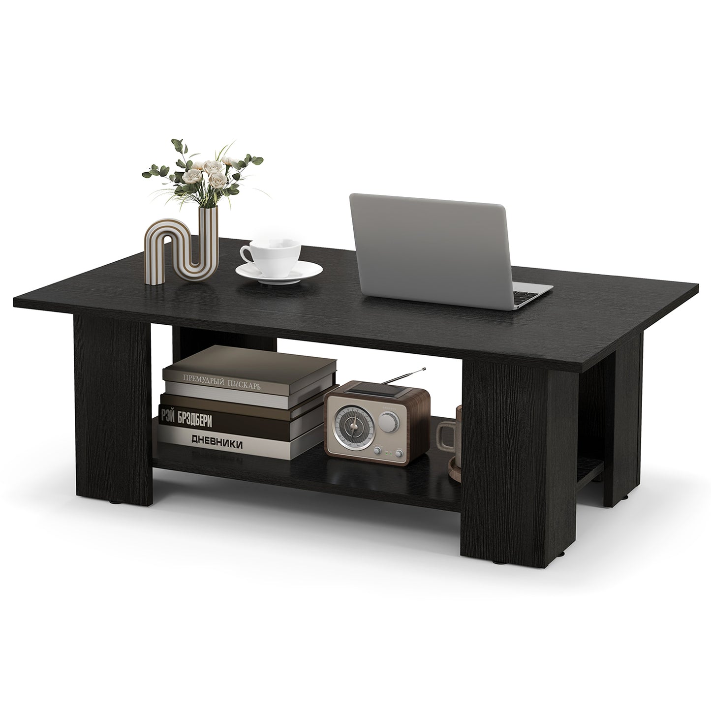 2-Tier Wooden Coffee Table with Storage Shelf and 5 Support Legs-Grey