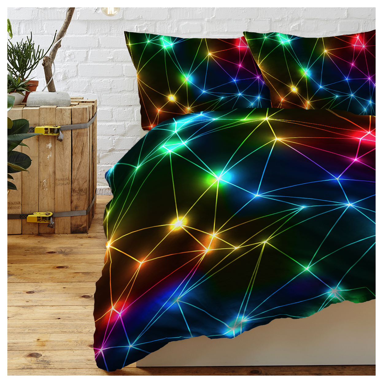 Triangle Retro Neon Duvet Cover Sets Glowing Sparkling Rainbow Laser Pattern 3 Piece Boy Bedding Sets (Single)