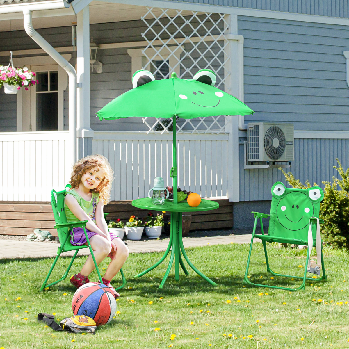 Foldable Patio Kids Metal Picnic Table w/ Frog Umbrella Green 4-piece