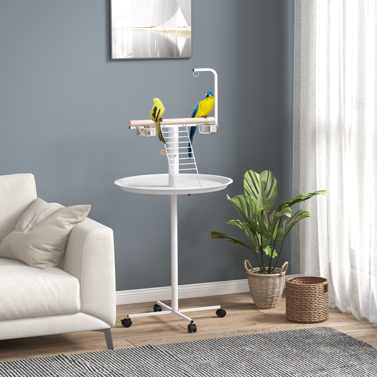 PawHut Bird Table: Elevated, Mobility, Perches, Stainless, Round Tray