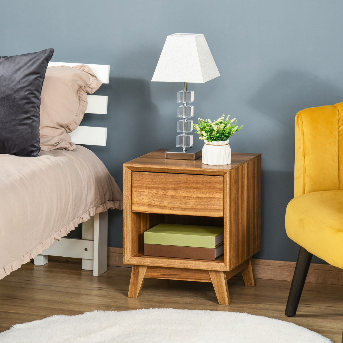 HOMCOM Bedside Table Storage Organizer Side Table  Drawer and Shelf Bedroom