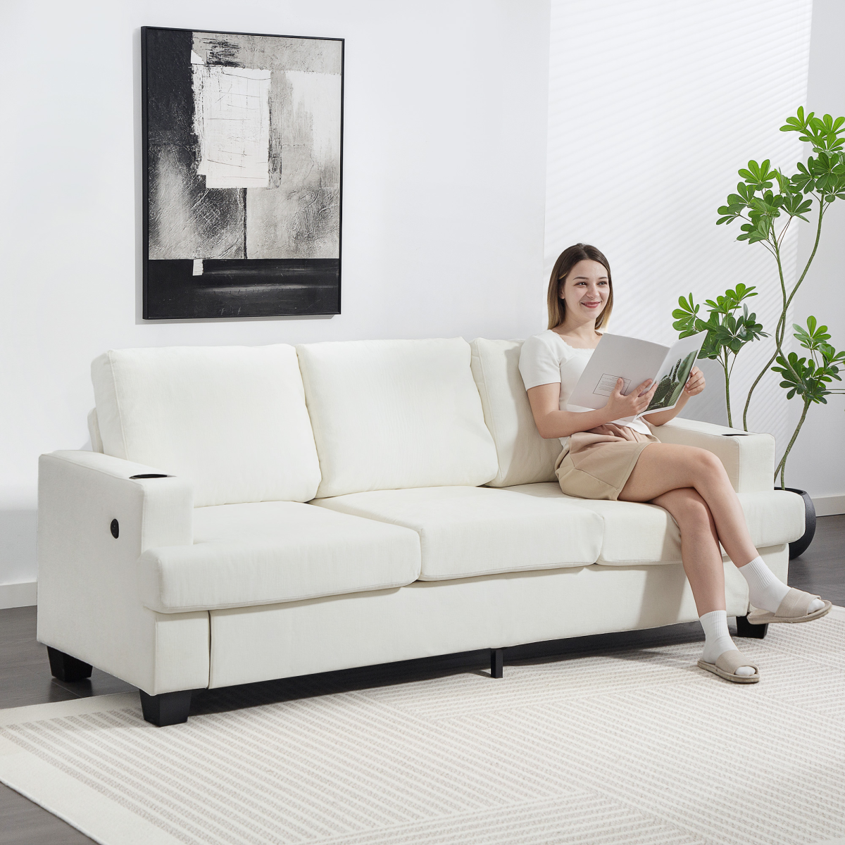 HOMCOM 3 Seater Sofa, Fabric Sofa with USB Ports and Cup Holders, Cream