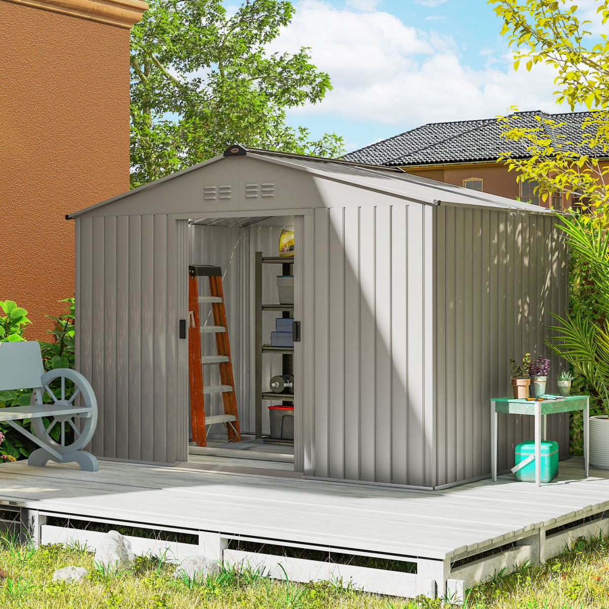 Outsunny 9 x 6FT Galvanised Garden Storage Shed with Sliding Door, Grey