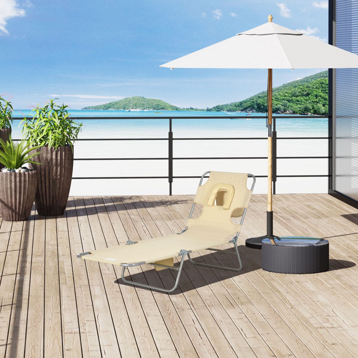 Patio Foldable Sun Lounger 5 Level Adjustable Reclining Chair Beige