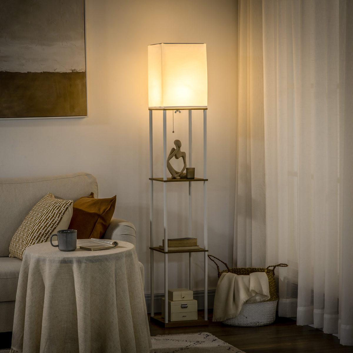 HOMCOM Modern Floor Lamp with Shelves and Fabric Lampshade for Living Room