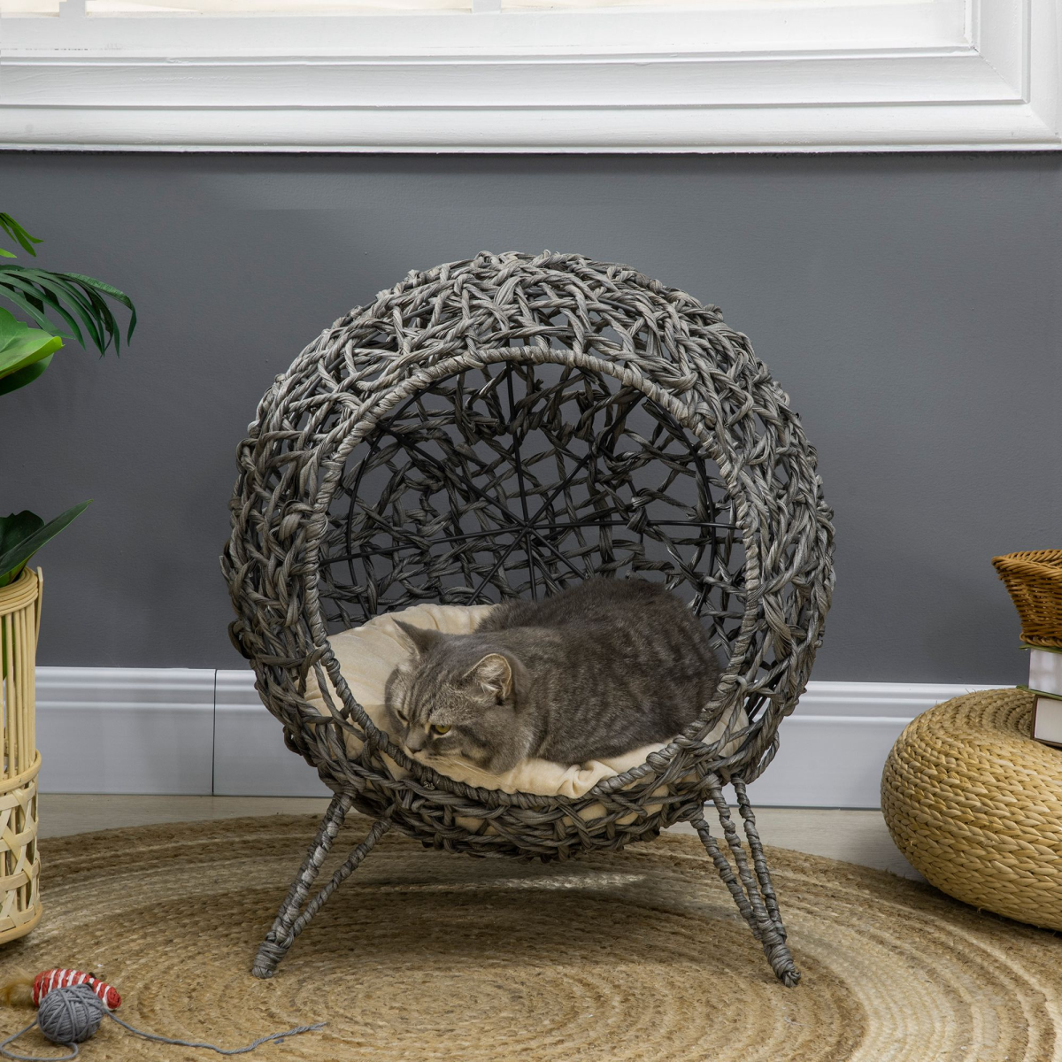 Rattan Elevated Cat House Kitten Basket Pet Bed w/ Cushion - Silver-Tone, Grey