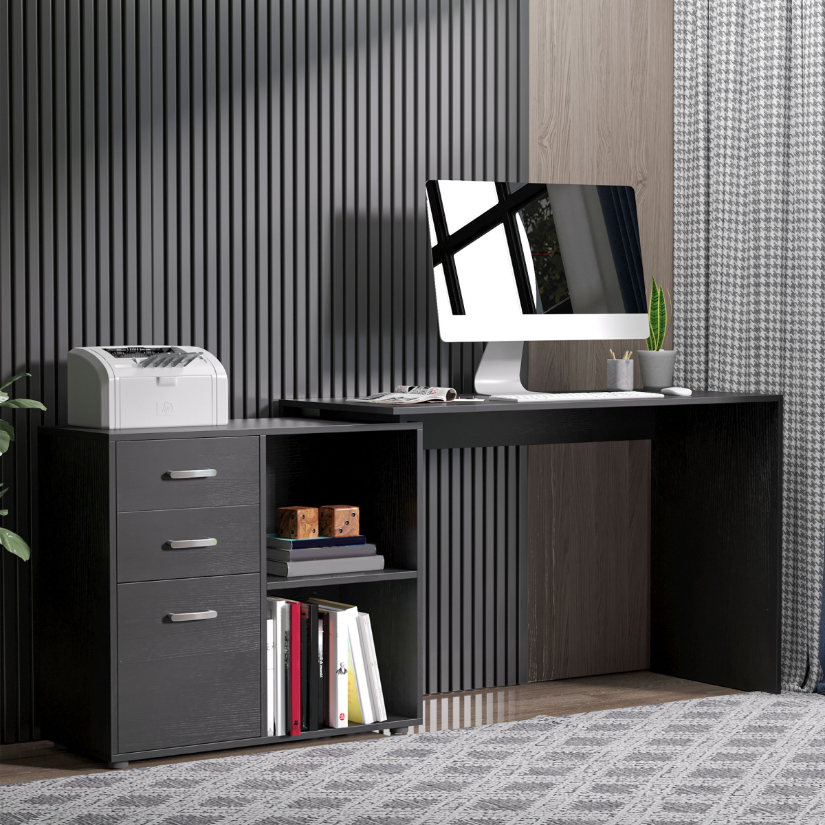 L Shape Computer Desk Workstation Home Office Drawer Shelf File Cabinet-Black