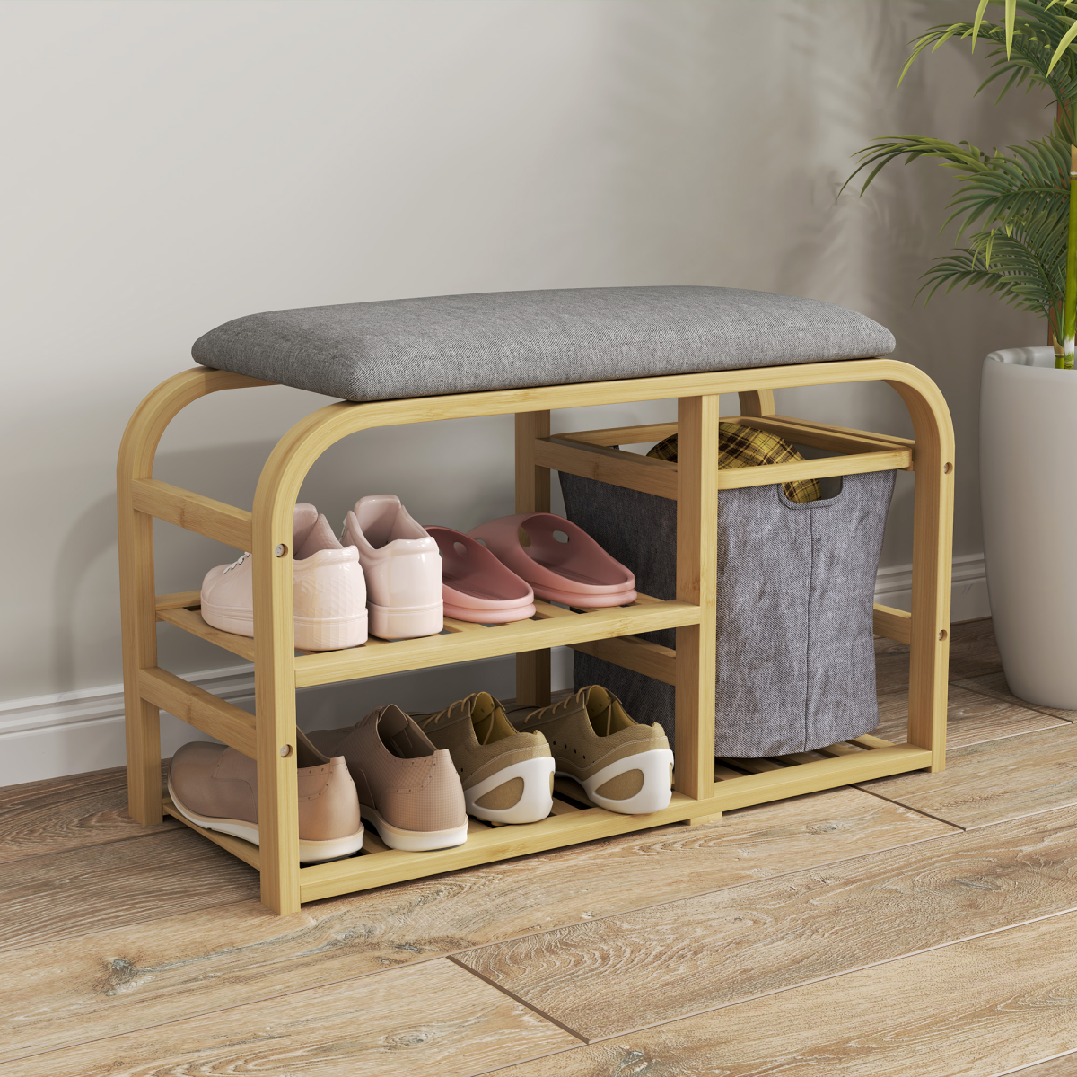 HOMCOM Shoe Rack Bench with Seat for Hallway, Entryway, Nature Wood Finish