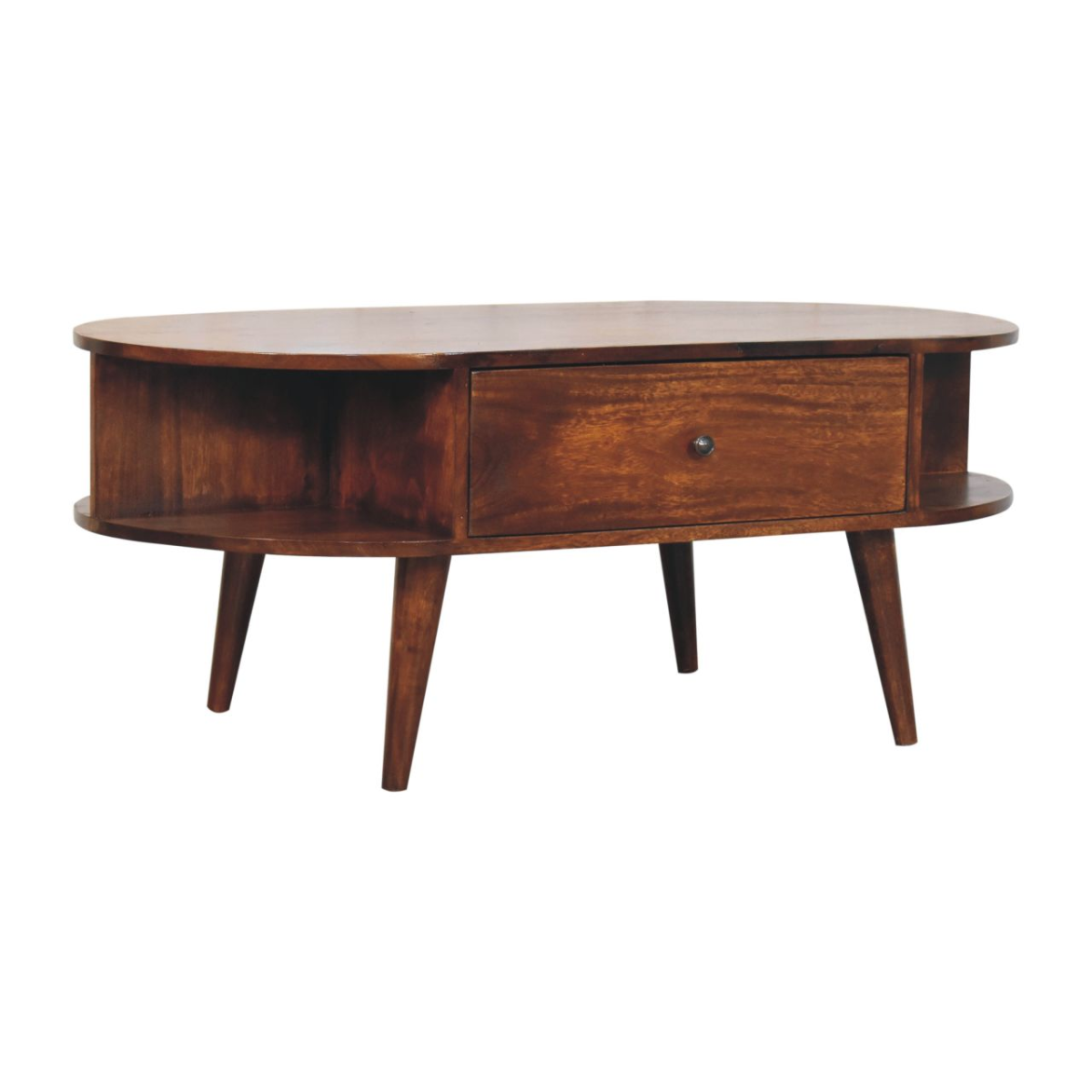 Artisan Furniture Solid Wood Chestnut Oval Coffee Table, 1 Drawer and 2 Open Slots, Dark Brown