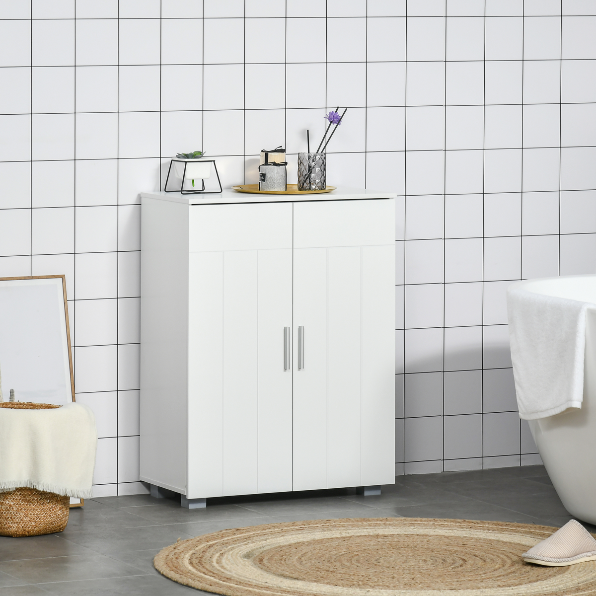 Modern Bathroom Floor Cabinet,  with 3 Tier Shelves, White