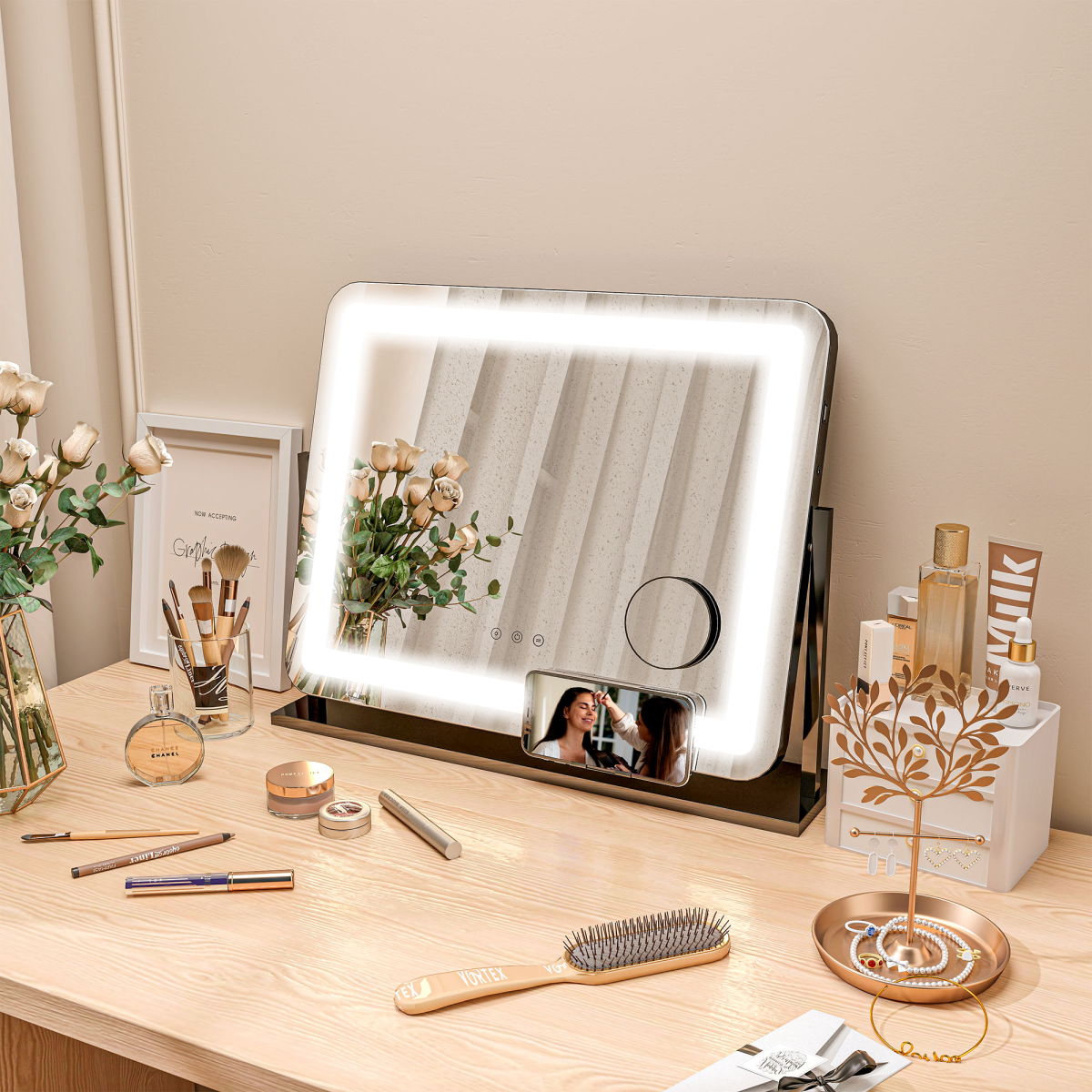 HOMCOM Dimmable Lighted Makeup Mirror with Magnifier, USB Port, 360° Rotation