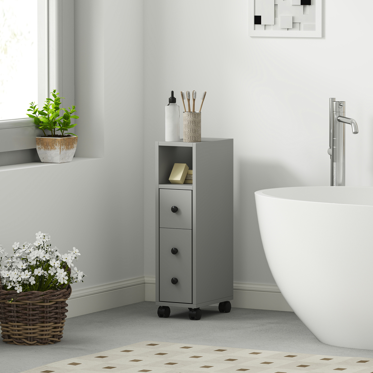 kleankin Slim Bathroom Storage with 2 Drawers, 2 Open and Wheels, Grey