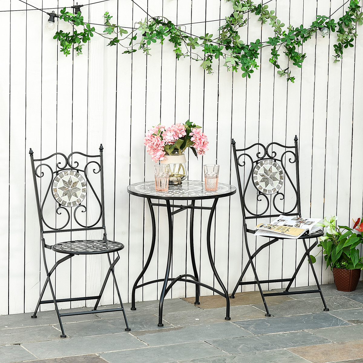 3Pc Mosaic Tile Garden Bistro Set Folding Chairs