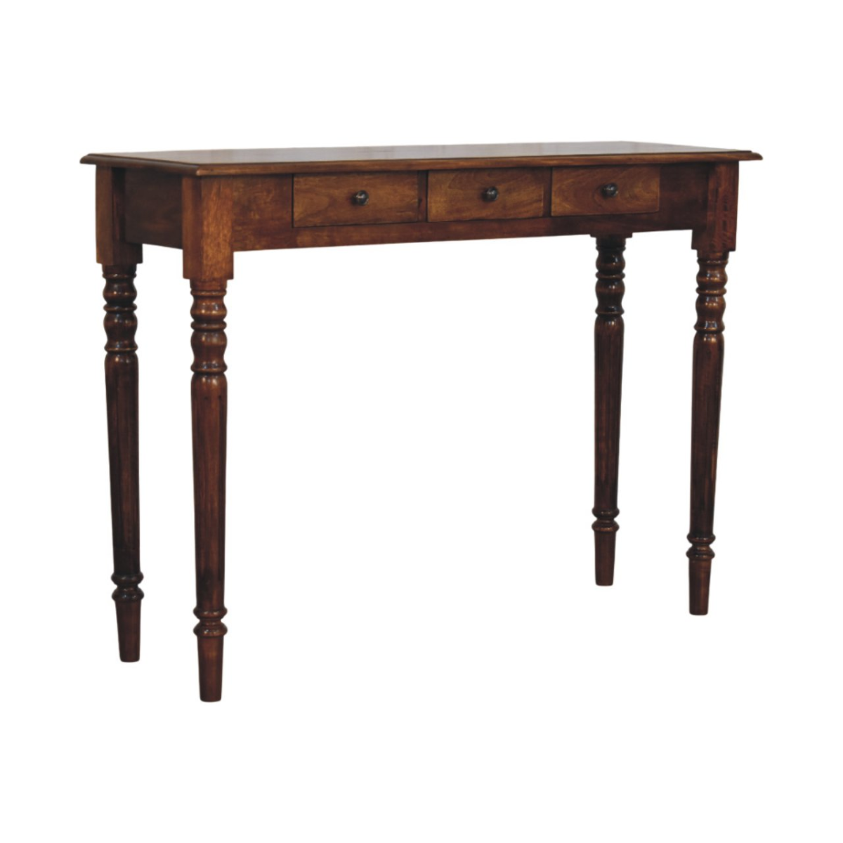 Artisan Furniture Solid Wood Turned Legs Chestnut Console, 3 Drawers, Dark Brown