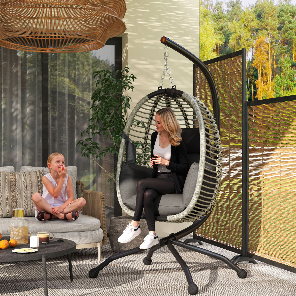 Comfortable Dark Grey Folding Basket Chair with Cup Holders for Relaxation