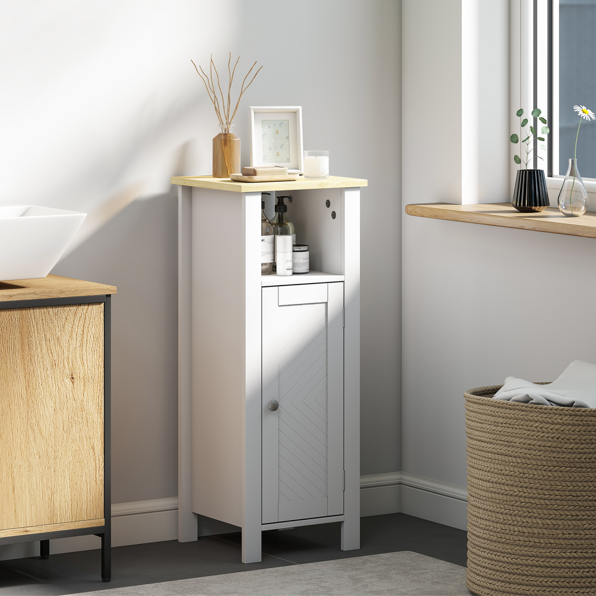 kleankin Narrow Bathroom Storage Cabinet with Open Shelf, White