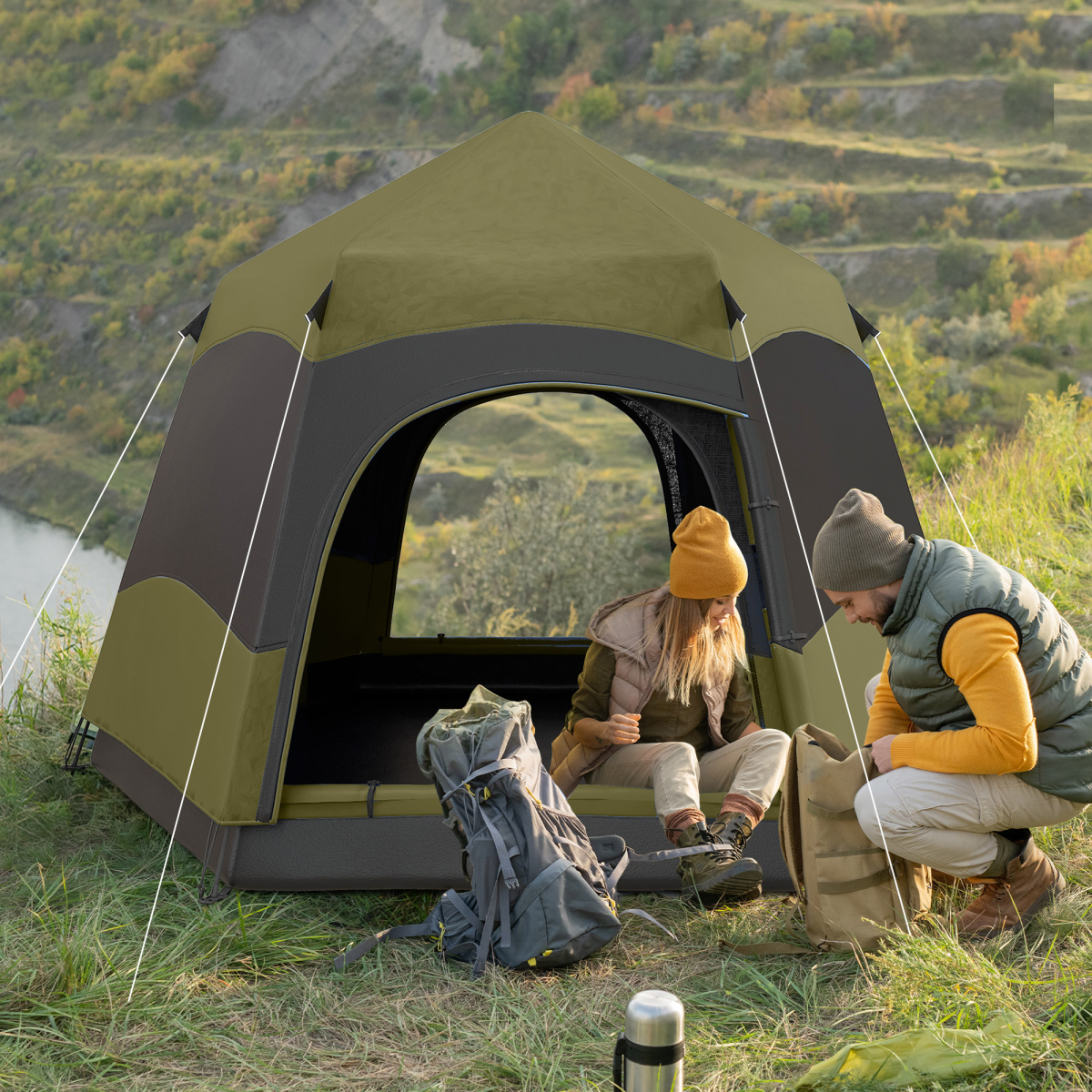 Outsunny 4 Person Camping Tent Festival Hiking Shelter, Dark Green