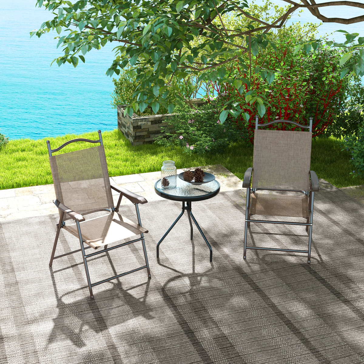 Outsunny Folding Chairs Set, Breathable Mesh Fabric Seat, Mixed Brown