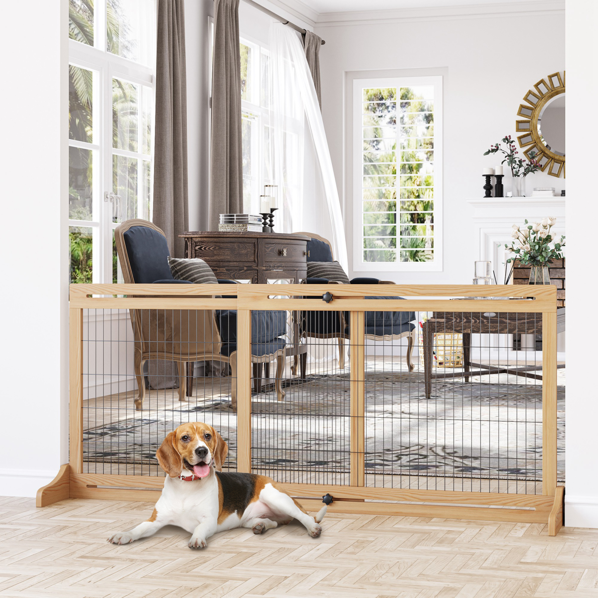 Adjustable Wooden Pet Gate Freestanding Dog Barrier for Doorway Pawhut