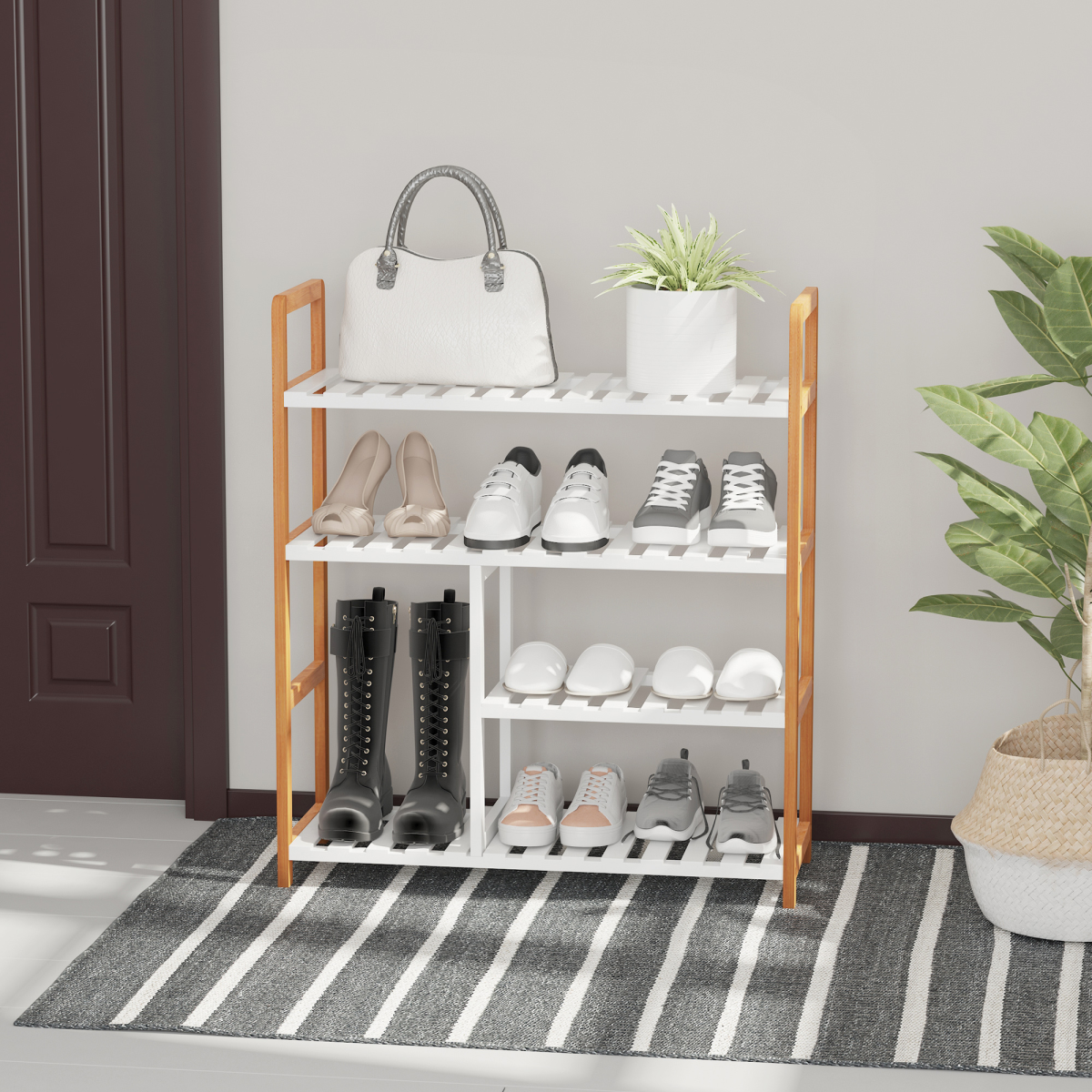 4-Tier Shoe Rack Simple Home Storage  Wood Frame Boot Compartment Home