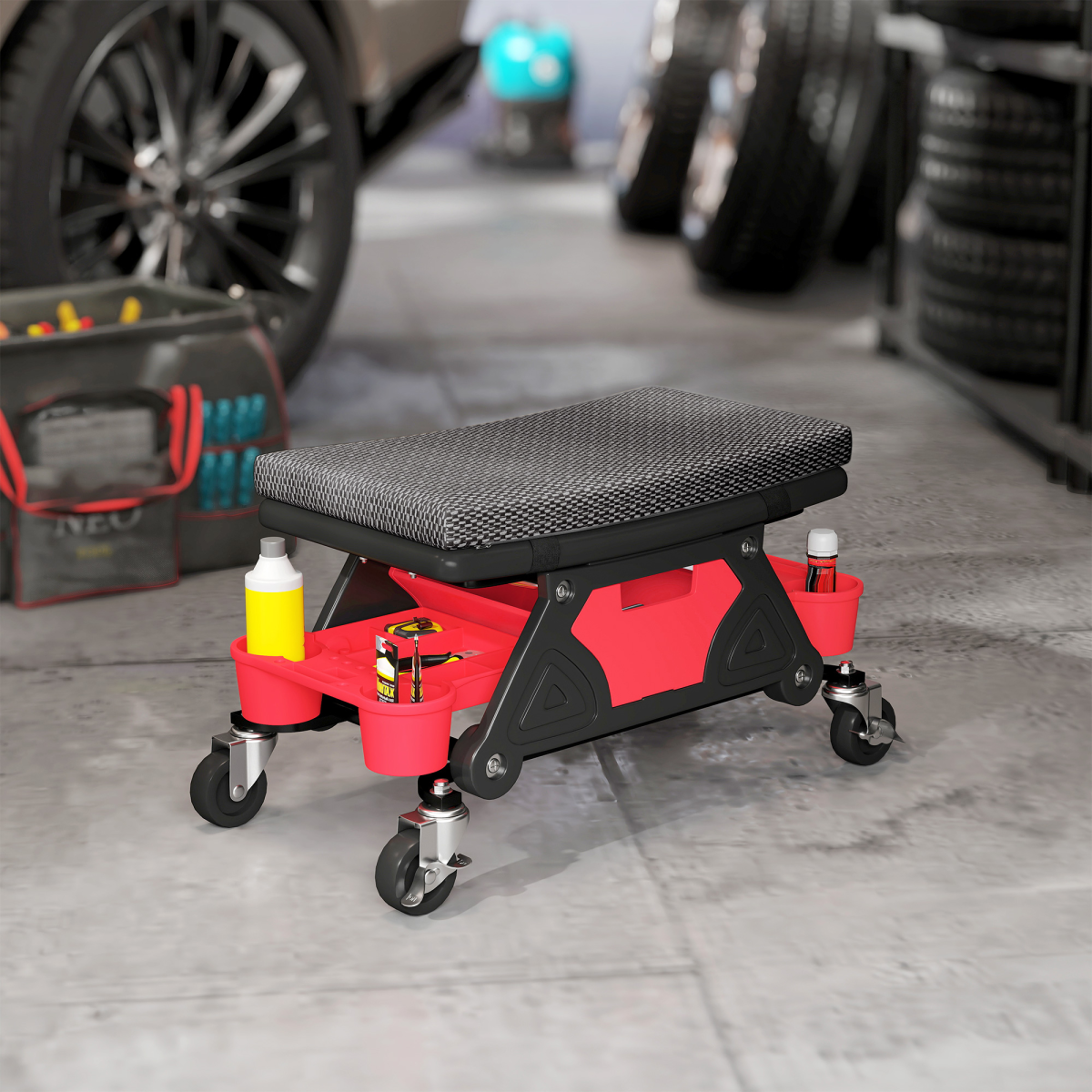 HOMCOM Rolling Mechanic Stool, 135kg Capacity Workshop Stool, Black