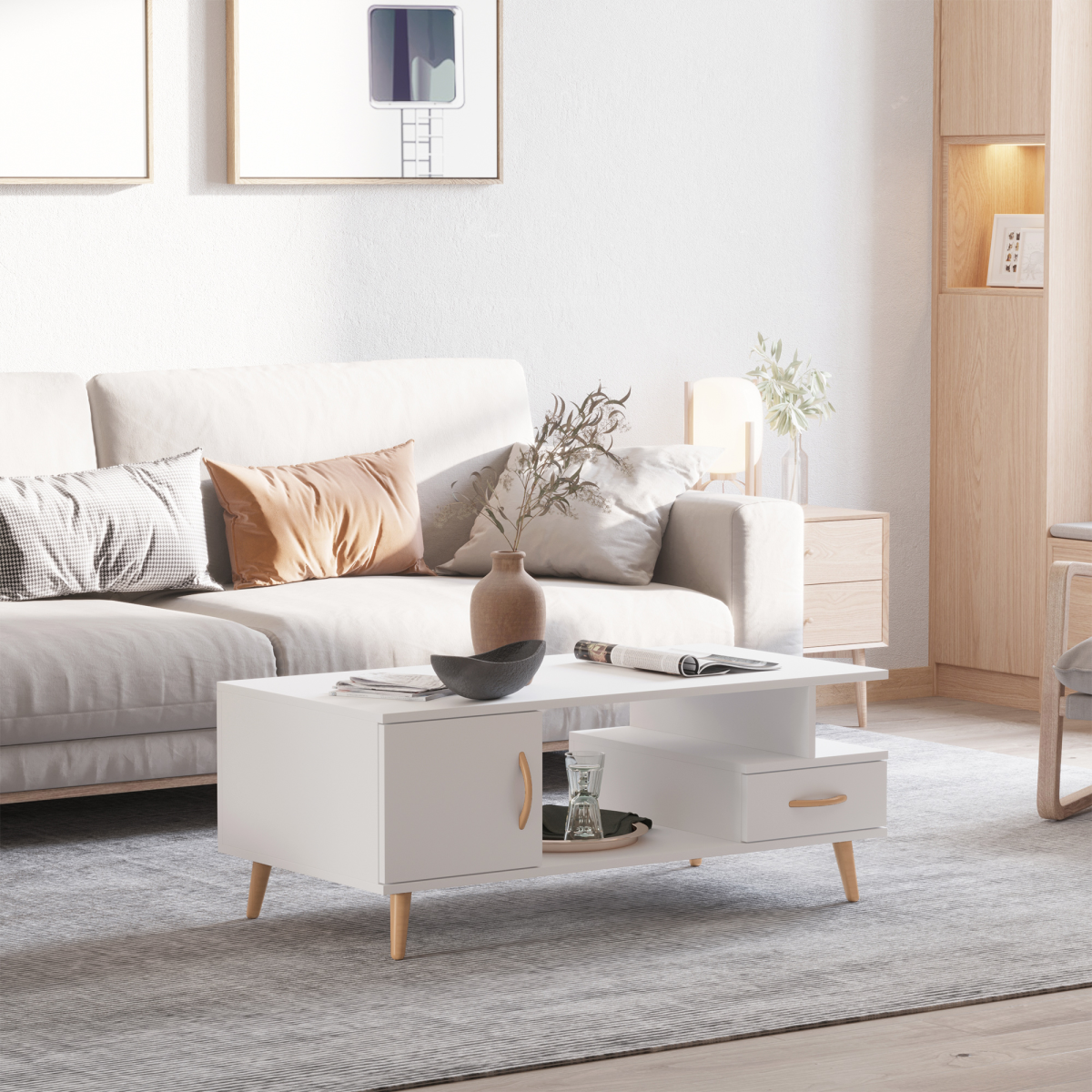Coffee Table with Storage, Sofa Side Table with Shelf & Drawer White