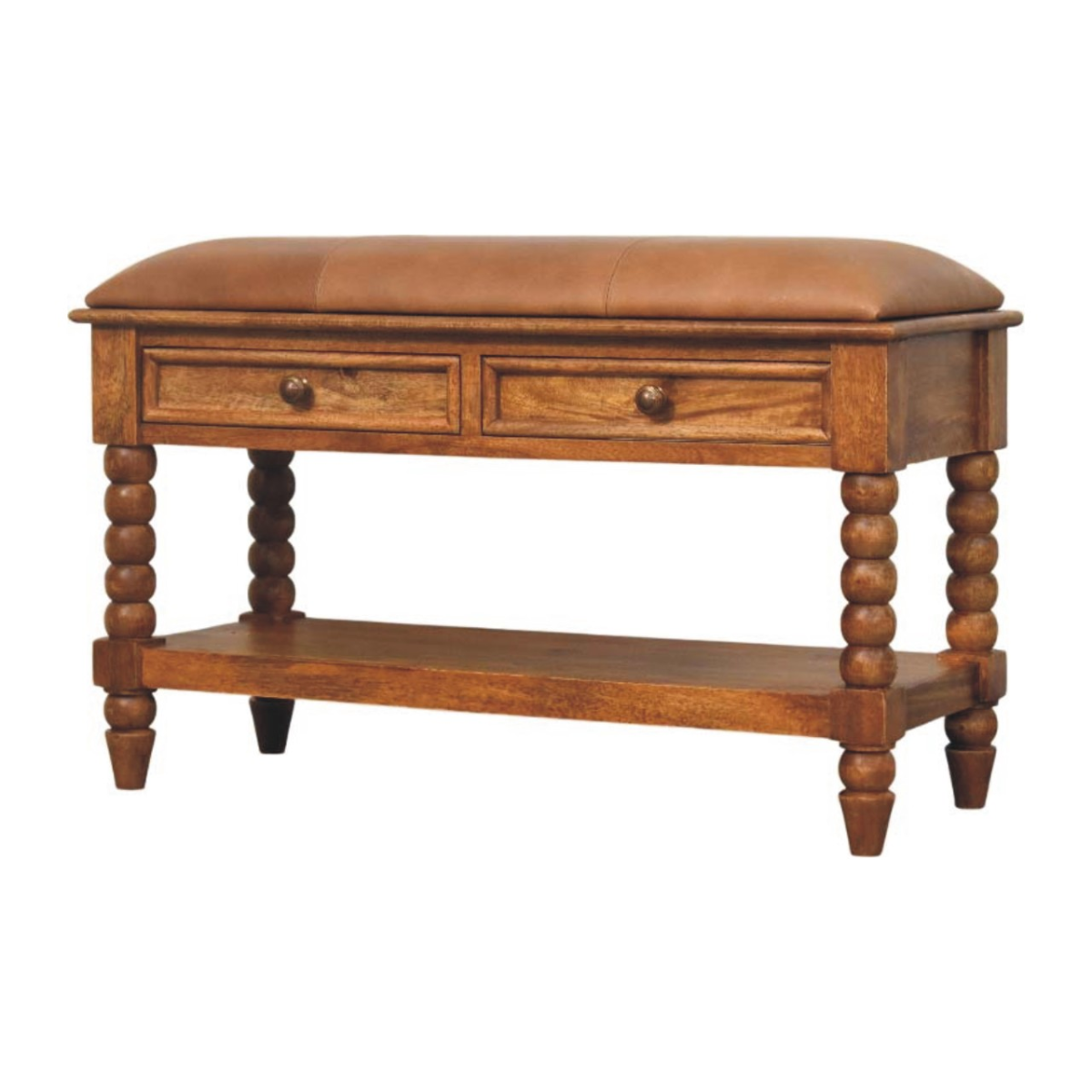 Artisan Furniture Solid Wood Upholstered Leather Spindle Bench, 2 Drawers, 1 Shelf, Brown