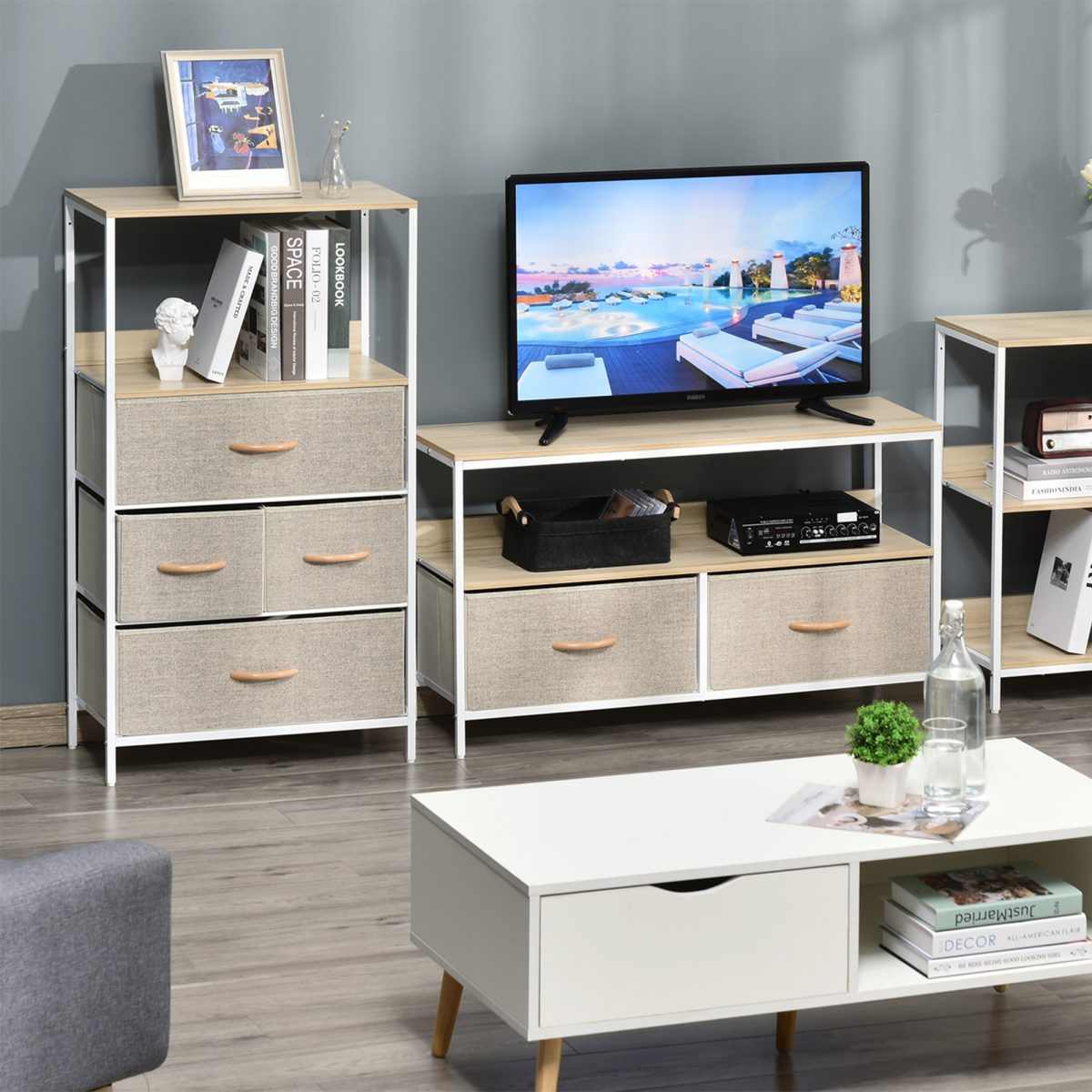 Chest of Drawers with 4 Fabric Bins  White