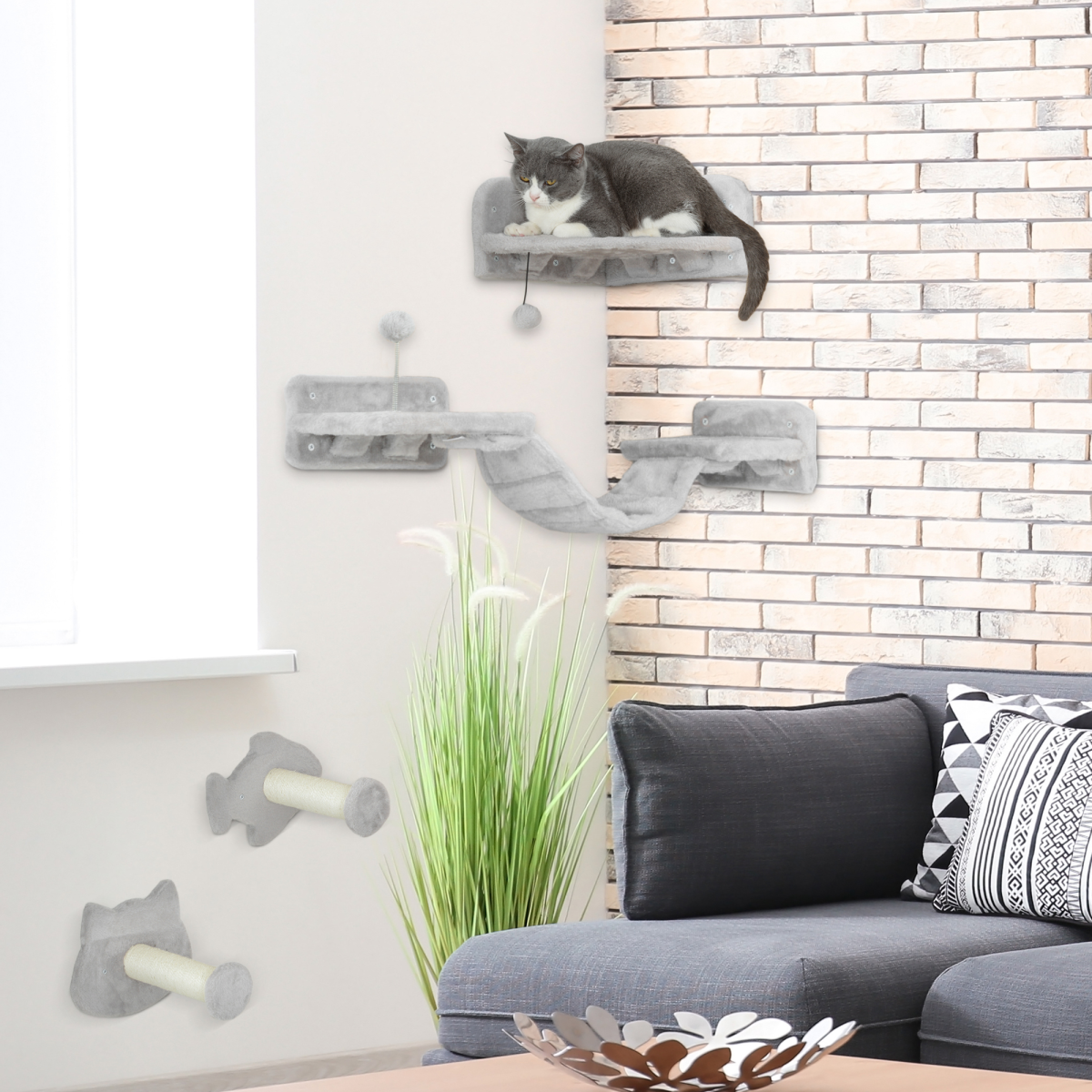 PawHut 4PCs Cat Wall Shelves with Steps, Ladder, Jumping Platforms