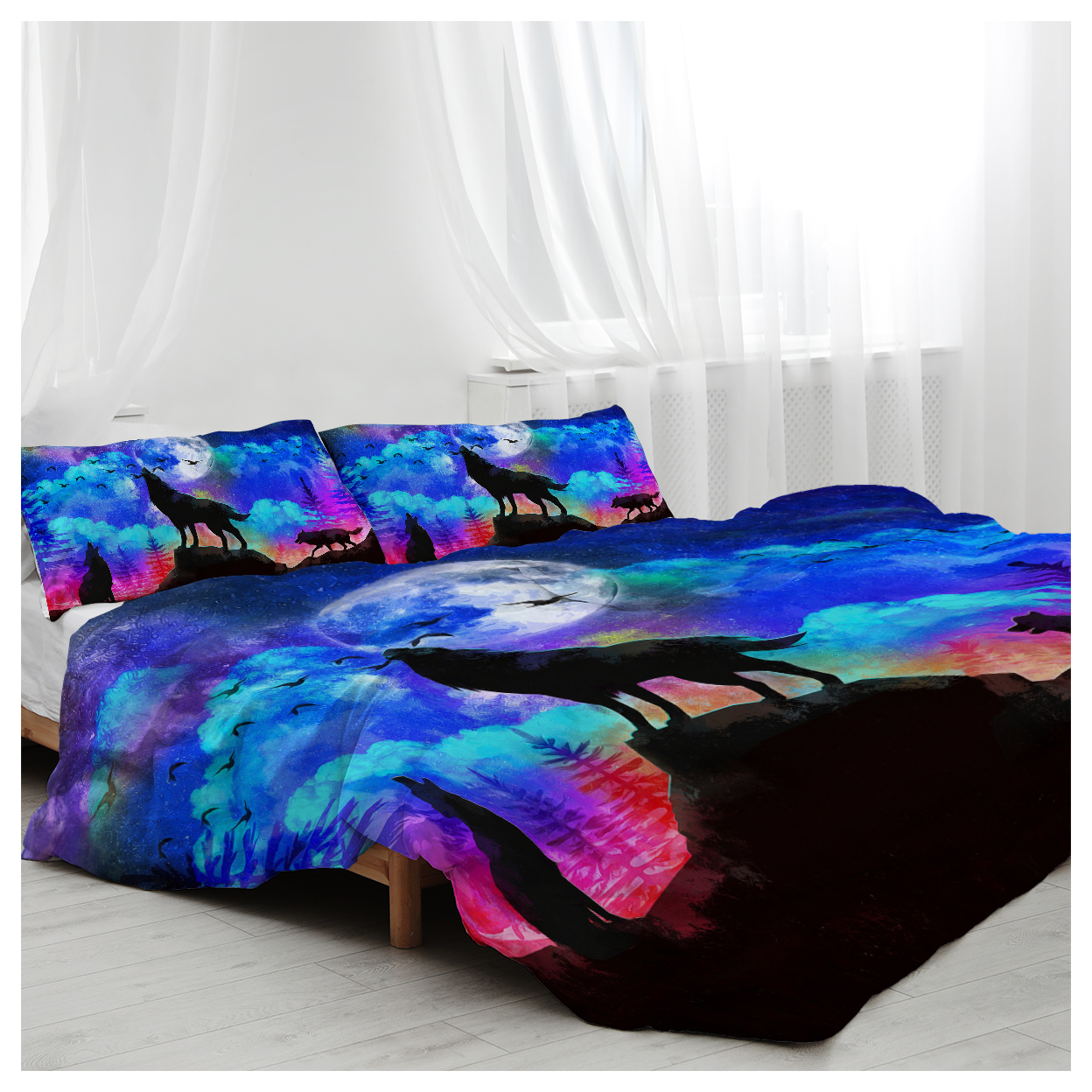 Moon Wolf Duvet Cover Set Double 3pcs Colorful Microfiber Kids Bedding Set
